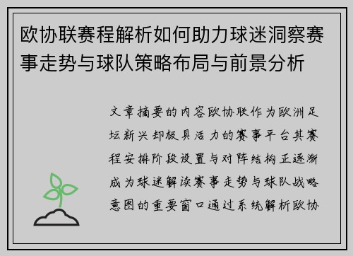 欧协联赛程解析如何助力球迷洞察赛事走势与球队策略布局与前景分析