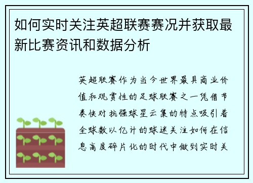 如何实时关注英超联赛赛况并获取最新比赛资讯和数据分析